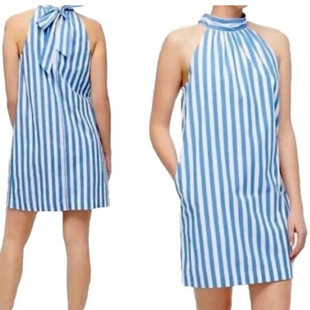 J.Crew Blue and White Sleeveless Striped High Neck Shift Dress